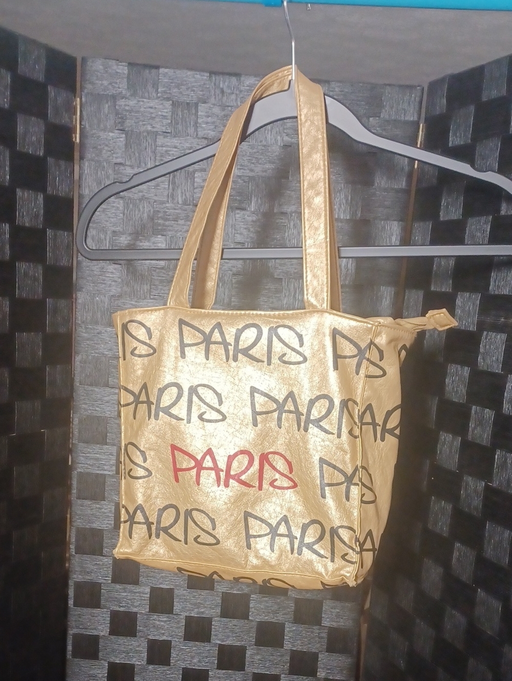 Robin Ruth Metallic Gold 'Paris' Script Tote with Red Accent